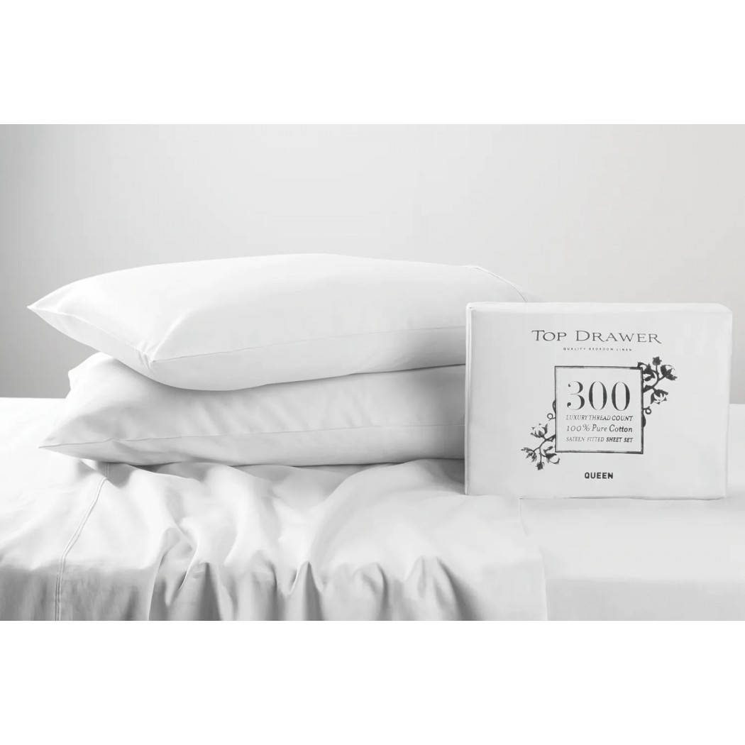 Top Drawer 300TC 100% Cotton Sateen Sheet Set (King 45cm/White)