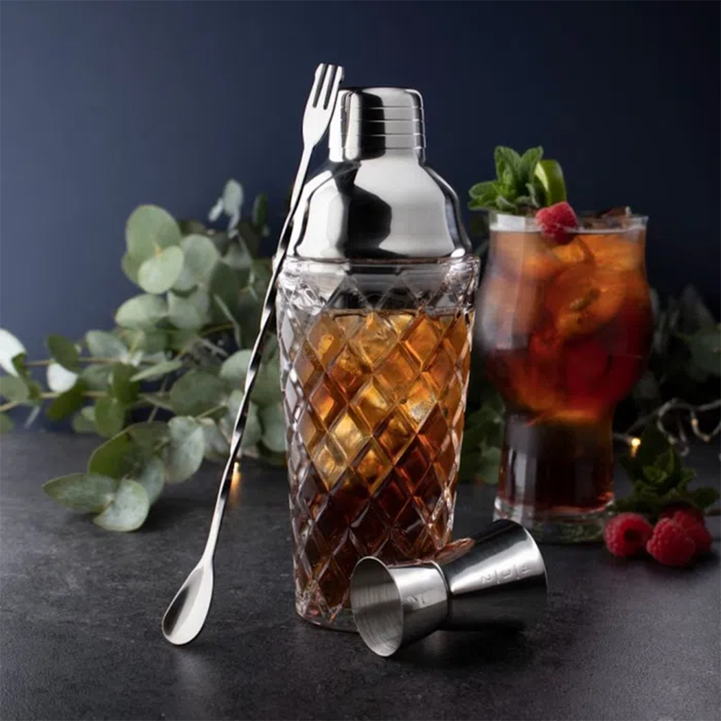 Taylors Taproom 3pc Embossed Glass & S/Steel Cocktail Set